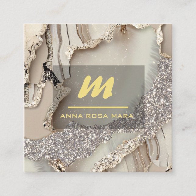 *~* Ivory QR Agate Mauve Guld Glitter Initial AP66 Fyrkantigt Visitkort (Framsida)