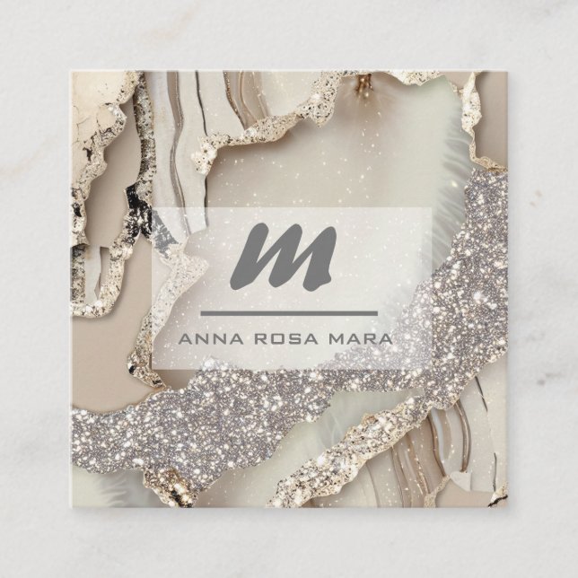 *~* Ivory QR Agate Mauve Luxe Glitter Initial AP66 Fyrkantigt Visitkort (Framsida)