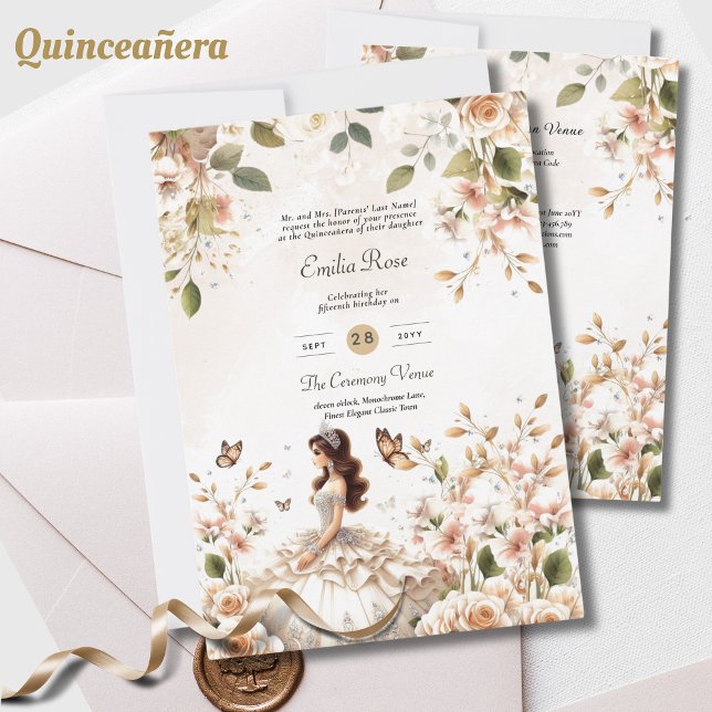 Ivory Quinceanera Dress Blommigt Butterflies Elega Inbjudningar (Skapare uppladdad)