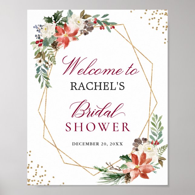 Ivory Red Poinsettia Gold Frame Bridal Shower Sign Poster (Framsidan)