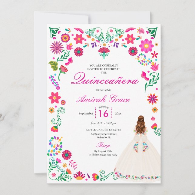 Ivory Rosa Otomi Embroidery Quinceañera-inbjudan Inbjudningar (Framsida)