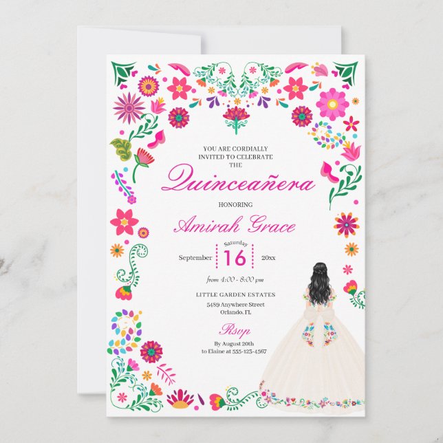 Ivory Rosa Otomi Embroidery Quinceañera-inbjudan Inbjudningar (Framsida)