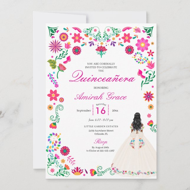 Ivory Rosa Otomi Embroidery Quinceañera-inbjudan Inbjudningar (Framsida)