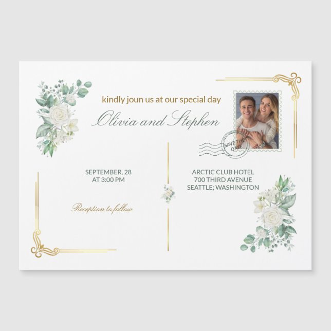 Ivory Roses floral Save the Date Magnet card (Framsida)