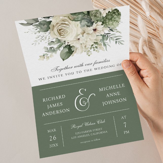 Ivory Roses Sage Green Floral QR Code Wedding Inbjudan (Skapare uppladdad)