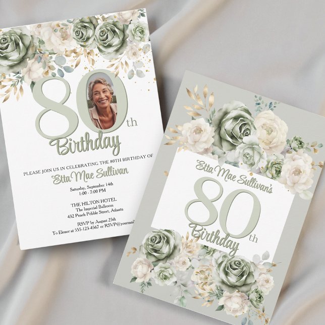 Ivory Sage green Floral border 80th birthday Photo Inbjudningar (Skapare uppladdad)