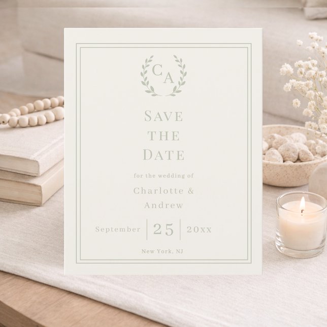 Ivory sage green monogram wedding Save the Date (Skapare uppladdad)