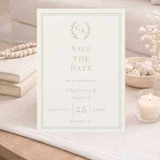 Ivory sage green monogram wreath wedding spara datumet