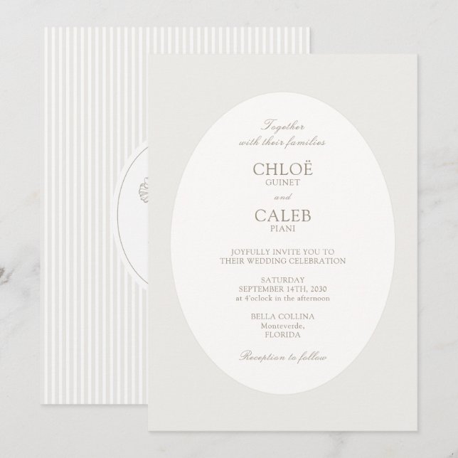 Ivory & Sand | Stripe Botanical Oval Wedding Inbjudningar (Fram/baksida)