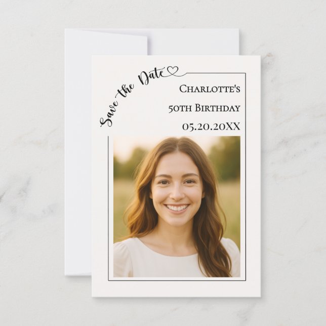 Ivory simple modern photo Birthday Save the Date Spara Datumet (Framsida)