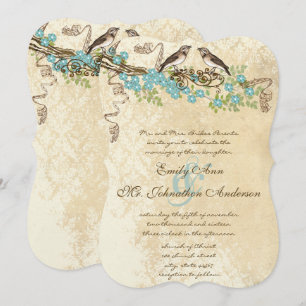 Ivory Snöre Aqua Blue Blommar Love Bird Bröllop Inbjudningar