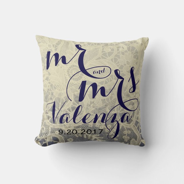 Ivory Snöre Blue Two Tone Bröllop Newlyged Gift Kudde (Framsida)