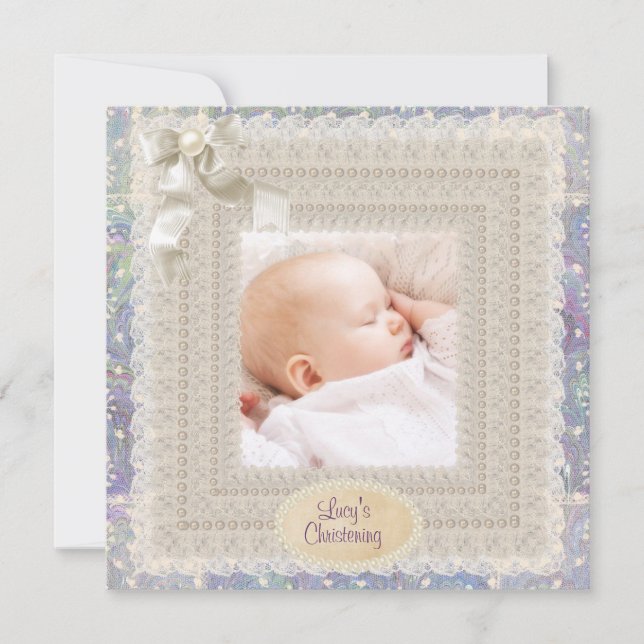 Ivory Snöre Pearls Rosa Lila Girls Photo Christen Inbjudningar (Framsida)