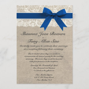 Ivory Snöre Royal Blue Burlap bröllopsmottagning Inbjudningar