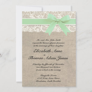 Ivory Snöre Rustic Burlap Bröllopsinbjudan - Mint Inbjudningar
