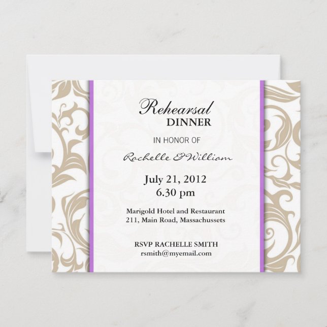 Ivory Swirl Rehearsal Dinner Card med Lila Inbjudningar (Framsida)
