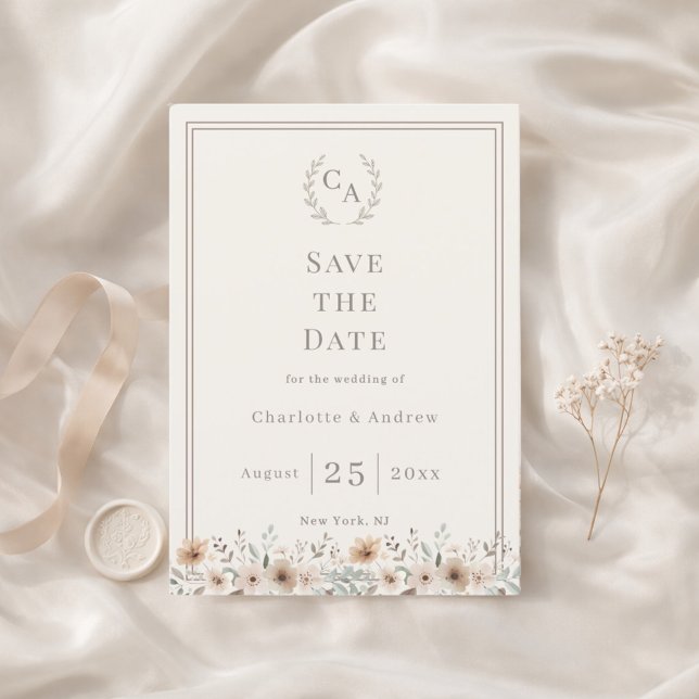 Ivory taupe monogram floral wreath wedding spara datumet (Skapare uppladdad)