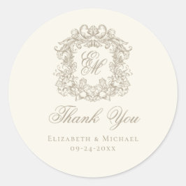 Ivory Taupe Monogram Wedding Crest Thank You Runt Klistermärke
