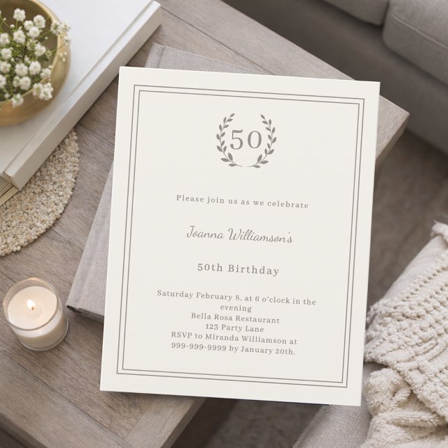 Ivory taupe monogram wreath birthday invitation (Skapare uppladdad)