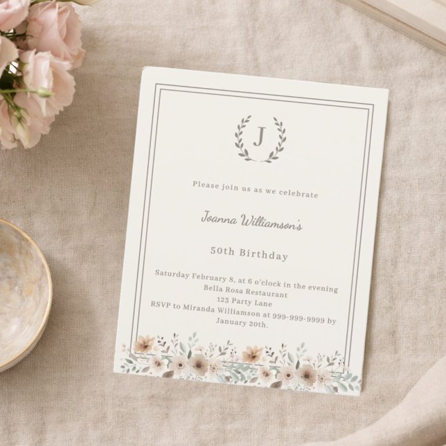 Ivory taupe monogram wreath birthday invitation (Skapare uppladdad)