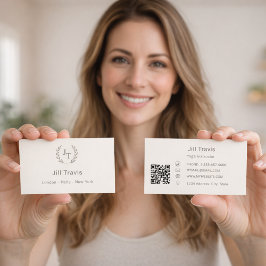 Ivory taupe monogram wreath modern minimalst QR Visitkort
