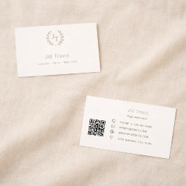 Ivory taupe monogram wreath modern minimalst QR Visitkort