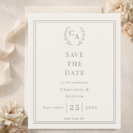 Ivory taupe monogram wreath wedding Save the Date  Flygblad