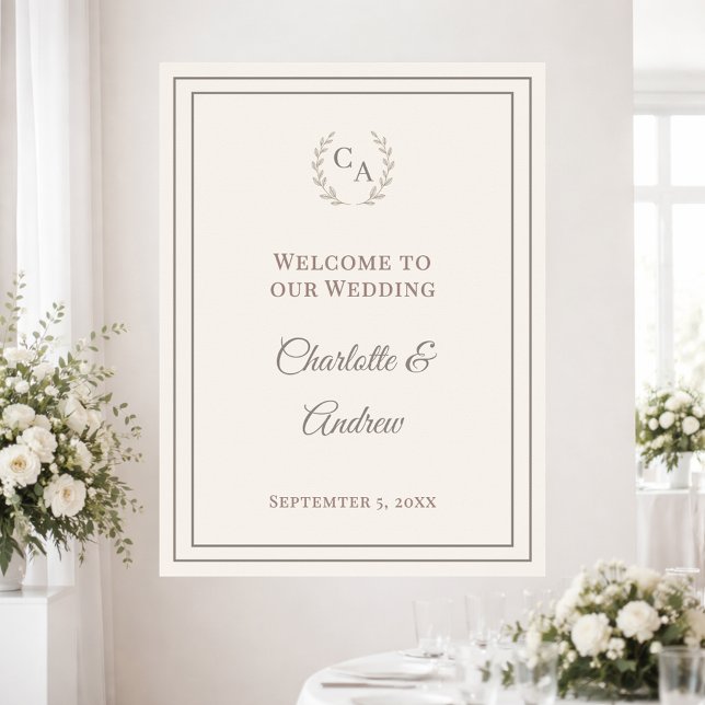 Ivory taupe monogrammed elegant wedding welcome poster (Skapare uppladdad)