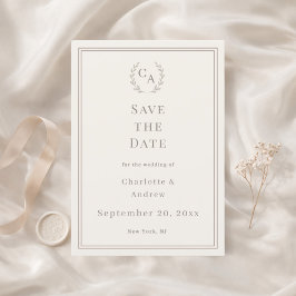 Ivory taupe monogrammed wreath wedding spara datumet