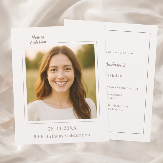 Ivory taupe photo birthday invitation (Skapare uppladdad)