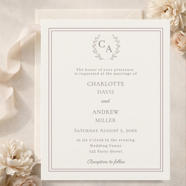 Ivory taupe wreath monogram wedding invitation (Skapare uppladdad)