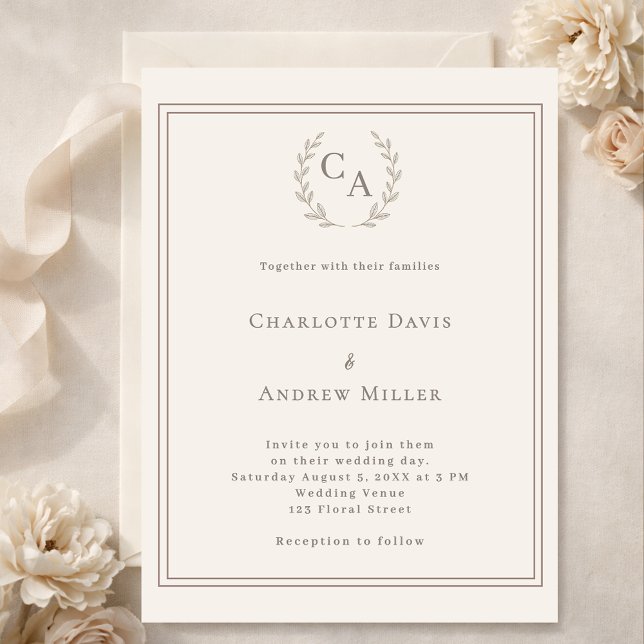 Ivory taupe wreath monogrammed wedding invitation (Skapare uppladdad)