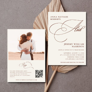 Ivory Terracotta Fall Photo Script QR-koden Bröllo Inbjudningar