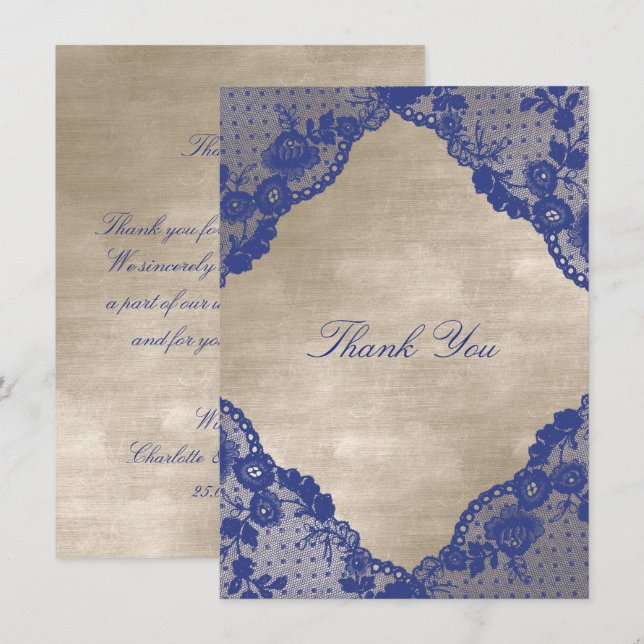 Ivory Velvet Royal Blue Navy Snöre Tack Inbjudningar (Fram/baksida)