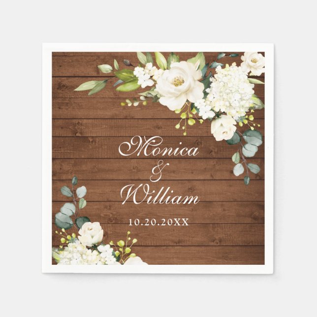 Ivory Vit ros Greenery Rustic Wood Bröllop Pappersservett (Framsidan)