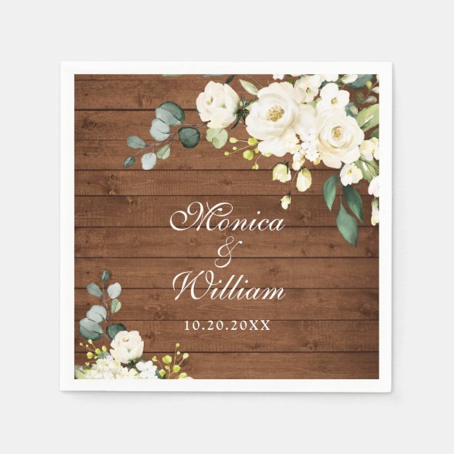 Ivory Vit ros Greenery Rustic Wood Bröllop Pappersservett (Framsidan)