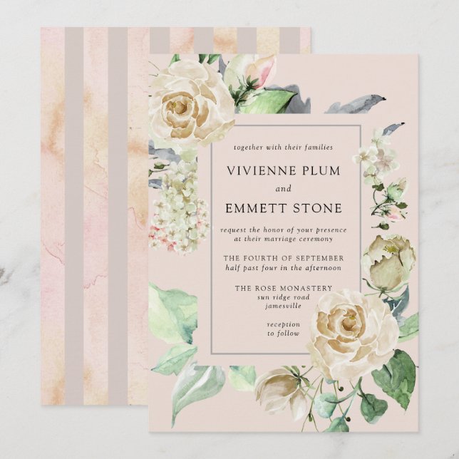 Ivory Vit ros Hydrangea Bröllop Inbjudningar (Fram/baksida)