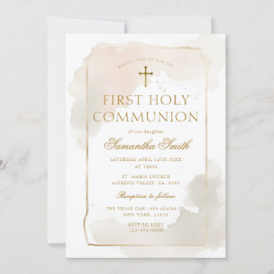 Ivory Watercolor Guld Kor Första Heligan Communice Inbjudningar