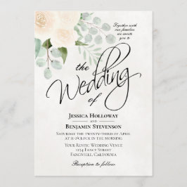 Ivory Watercolor Ro & Eucalyptus Boho Bröllop Inbjudningar