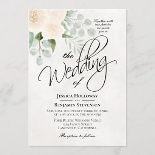 Ivory Watercolor Ro & Eucalyptus Boho Bröllop Inbjudningar