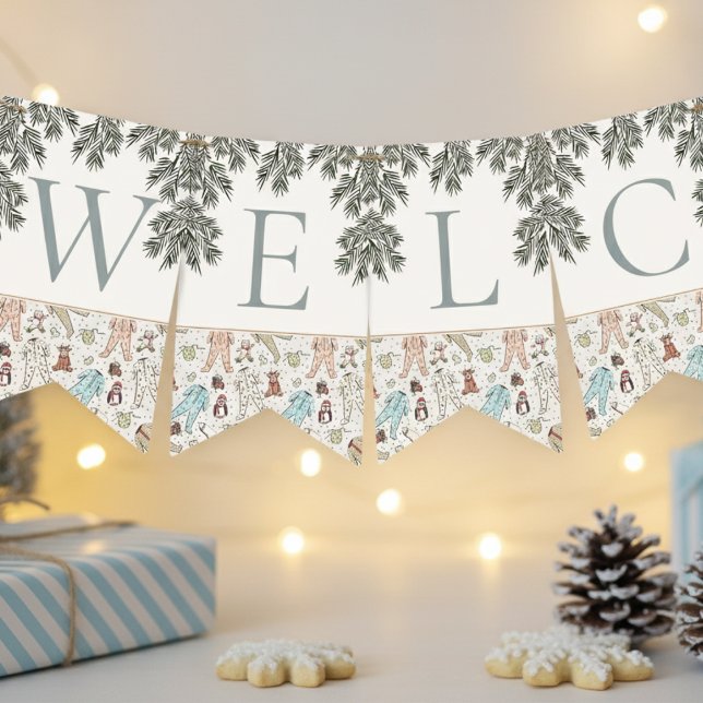 Ivory Welcome Baby jul-vinter-babyskor Vimplar (Winter Christmas Baby Shower Bunting Flags. Cute Baby Pajamas, Penguin, Teddy Bear, Reindeer & Pine)
