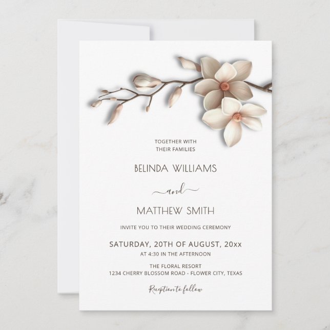 Ivory White 3D Magnolia Flower Minimalist Wedding Inbjudningar (Framsida)