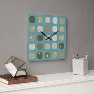Ivory White Beige Teal Blue Round Squares Mönster Fyrkantig Klocka