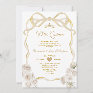 Ivory White Blommigt Bow Ribbon Guld Mis Quince Inbjudningar