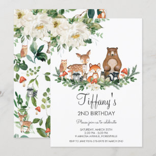 Ivory White Blommigt Cute Woodland Animals Födelse Inbjudningar