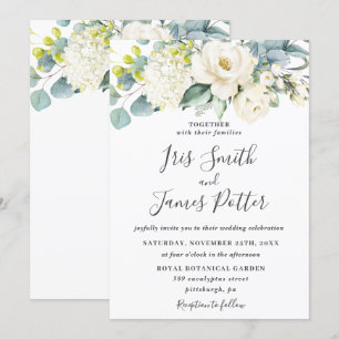 Ivory White Blommigt Eucalyptus Greenery Bröllop Inbjudningar