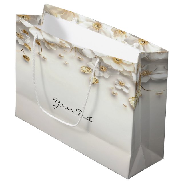 Ivory White Blommigt Guld Löv Gift Bag (Framsidan Vinklad)