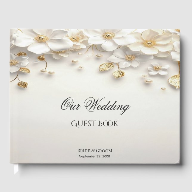 Ivory White Blommigt Guld Löv Guest Bok (Framsida)