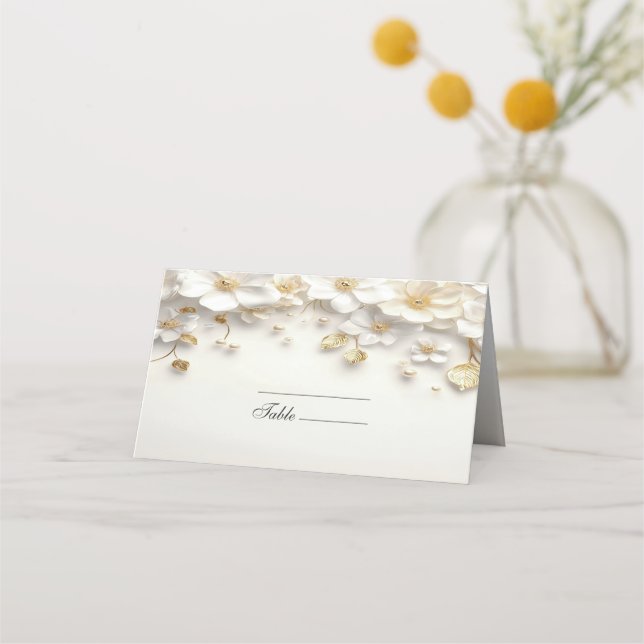 Ivory White Blommigt Guld Löv Place Card Placeringskort (Framsida)