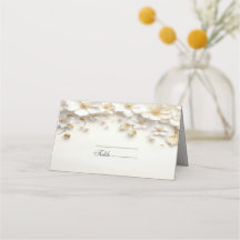 Ivory White Blommigt Guld Löv Place Card